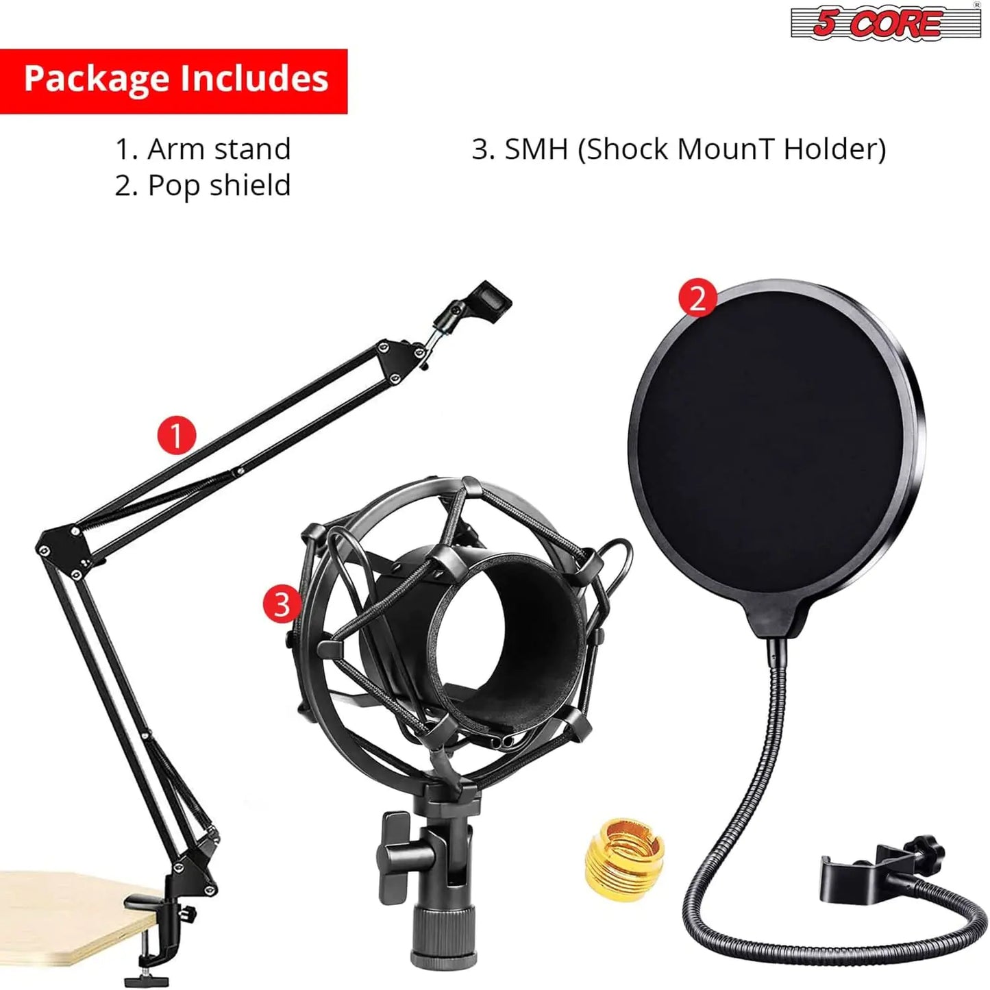 5Core Microphone Arm Stand Desk Suspension Boom Scissor Desktop Mic Holder w Pop Filter