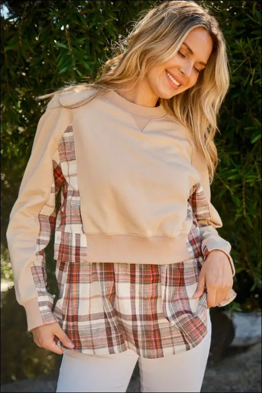 The Why Full Size Double Layered Plaid Contrast Sweatshirt