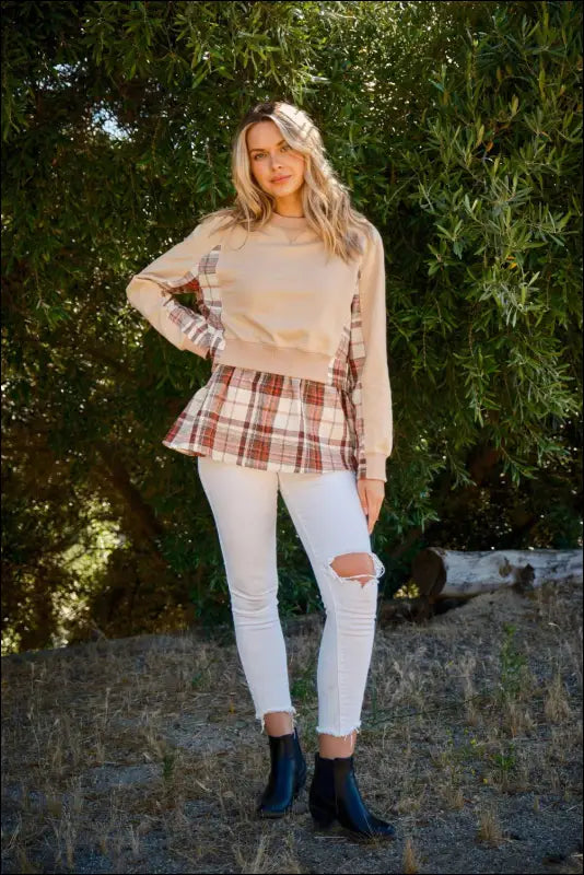 The Why Full Size Double Layered Plaid Contrast Sweatshirt