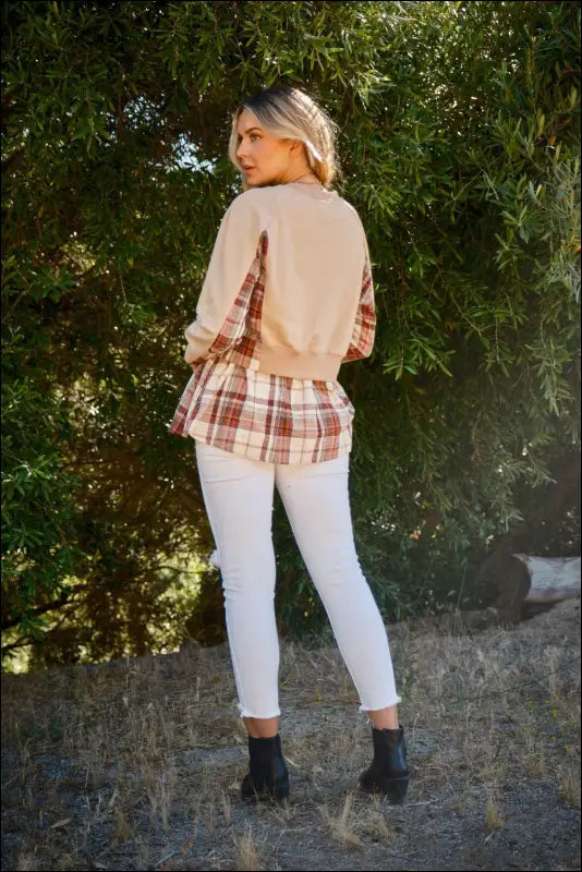 The Why Full Size Double Layered Plaid Contrast Sweatshirt