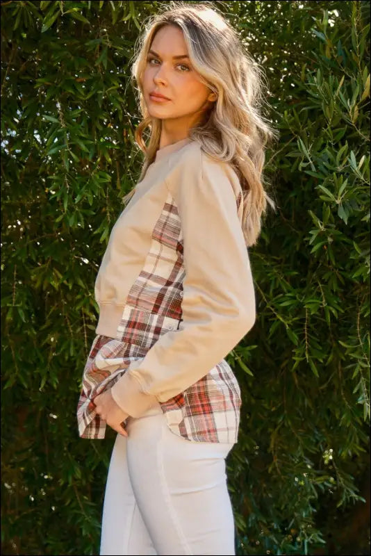 The Why Full Size Double Layered Plaid Contrast Sweatshirt