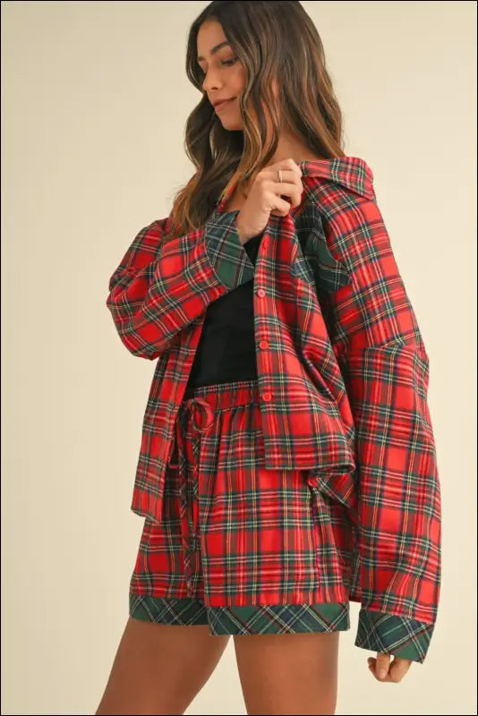 Annie Wear Contrast Plaid Long Sleeve Top and Shorts Set