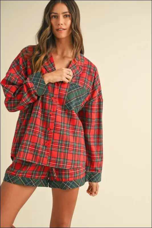 Annie Wear Contrast Plaid Long Sleeve Top and Shorts Set