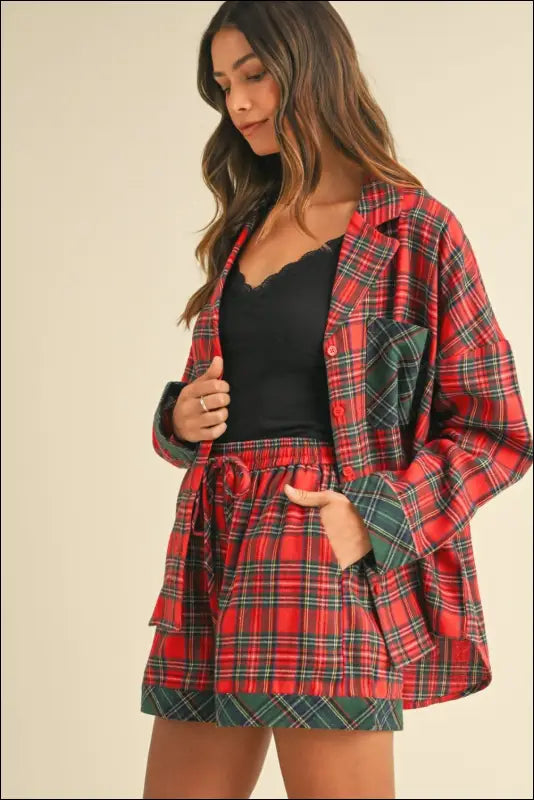 Annie Wear Contrast Plaid Long Sleeve Top and Shorts Set