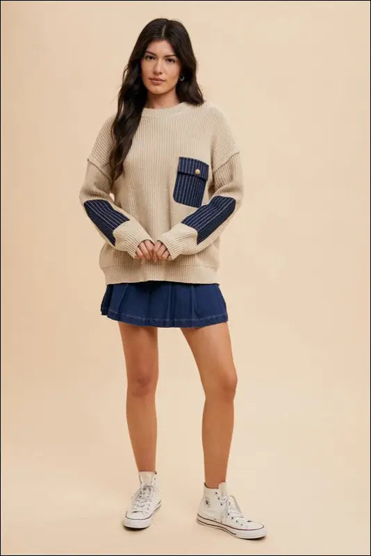 Annie Wear Contrast Round Neck Drop Shoulder Sweater with Patch Pocket