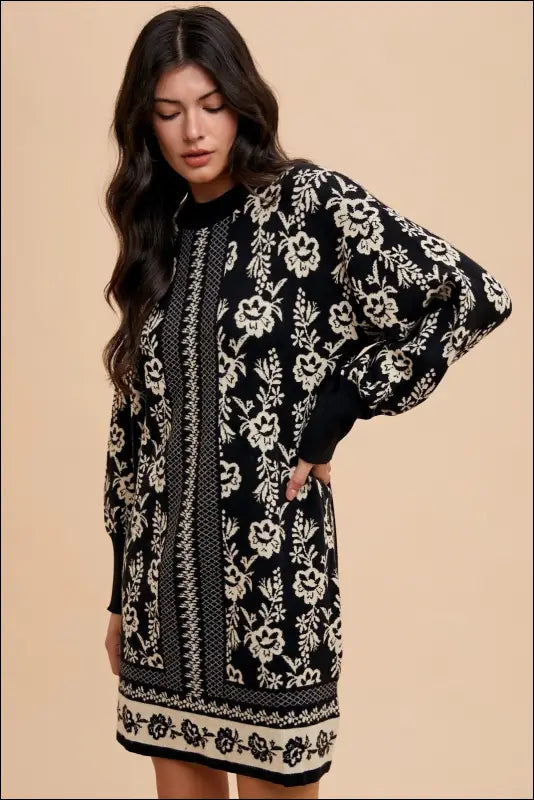 Annie Wear Floral Jacquard Round Neck Sweater Dress