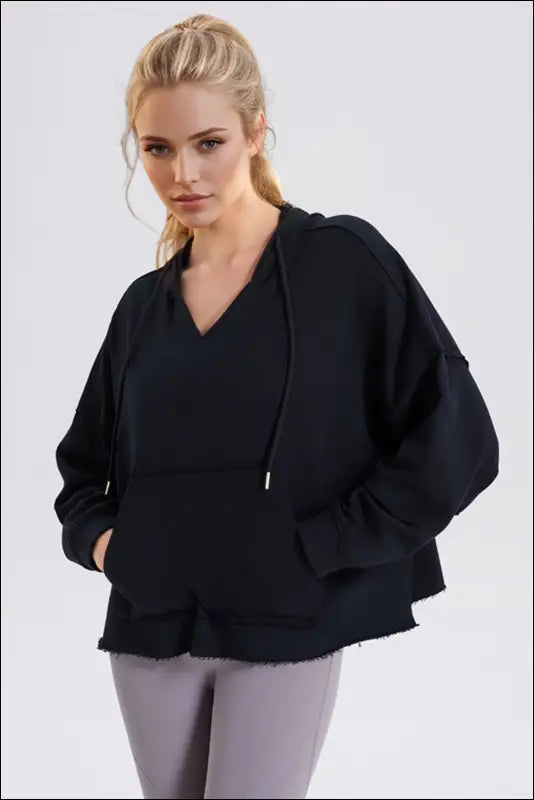 Basic Bae Drawstring Frayed Hem Long Sleeve Hoodie - Black / S