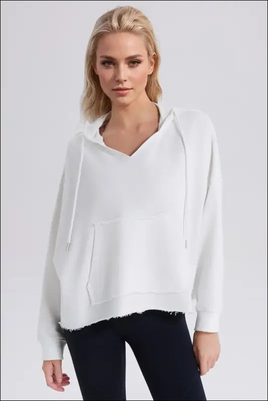Basic Bae Drawstring Frayed Hem Long Sleeve Hoodie - White / S