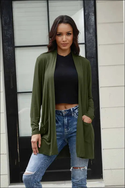 Basic Bae Full Size Open Front Long Sleeve Cardigan with Pockets - Army Green / S