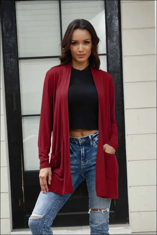 Basic Bae Full Size Open Front Long Sleeve Cardigan with Pockets - Deep Red / S