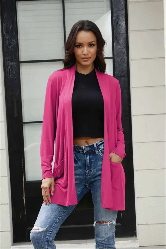 Basic Bae Full Size Open Front Long Sleeve Cardigan with Pockets - Hot Pink / S