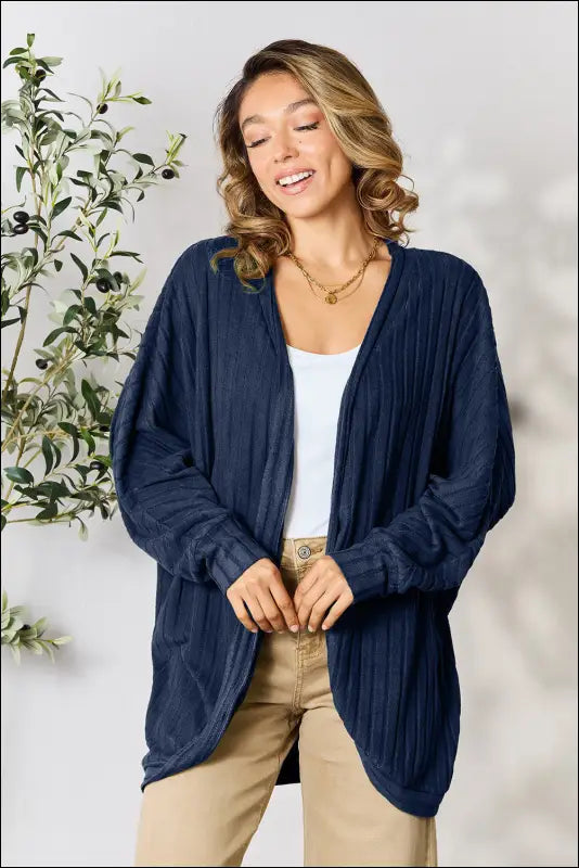 Basic Bae Full Size Ribbed Cocoon Cardigan - Dark Blue / S