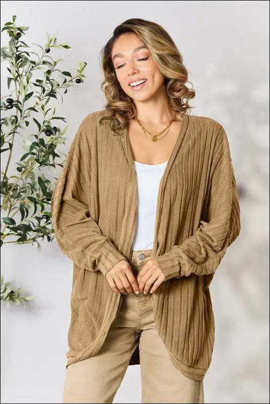 Basic Bae Full Size Ribbed Cocoon Cardigan - Khaki / S