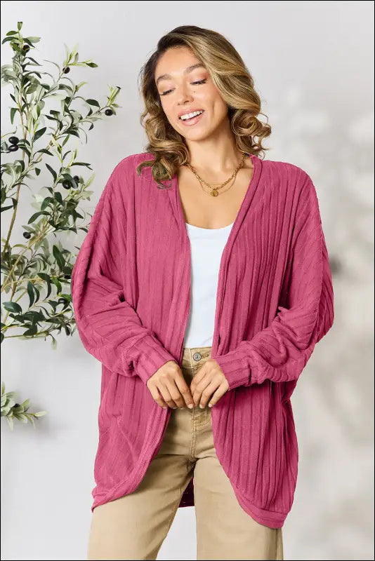Basic Bae Full Size Ribbed Cocoon Cardigan - Pink / S