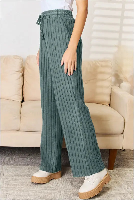 Basic Bae Full Size Ribbed Drawstring Hooded Top and Straight Pants Set
