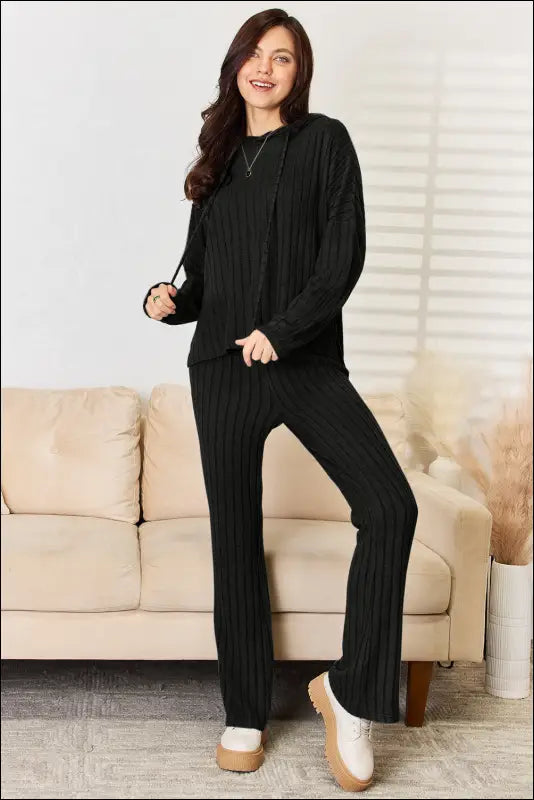 Basic Bae Full Size Ribbed Drawstring Hooded Top and Straight Pants Set - Black / S