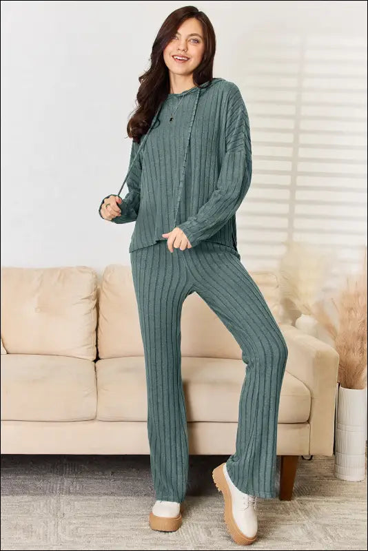 Basic Bae Full Size Ribbed Drawstring Hooded Top and Straight Pants Set - Deep Teal / S