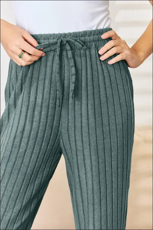 Basic Bae Full Size Ribbed Drawstring Hooded Top and Straight Pants Set