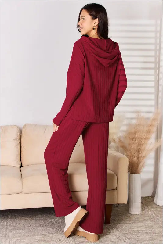 Basic Bae Full Size Ribbed Drawstring Hooded Top and Straight Pants Set