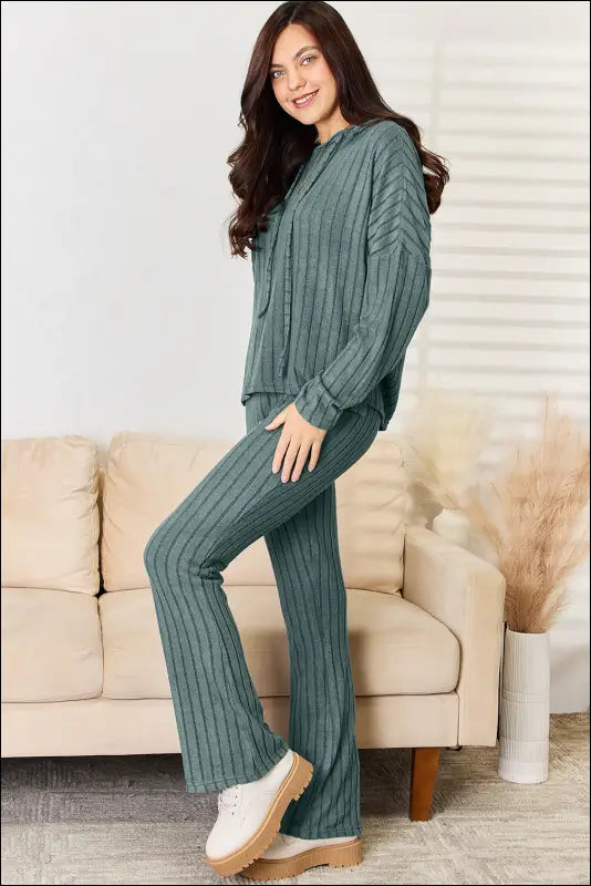 Basic Bae Full Size Ribbed Drawstring Hooded Top and Straight Pants Set