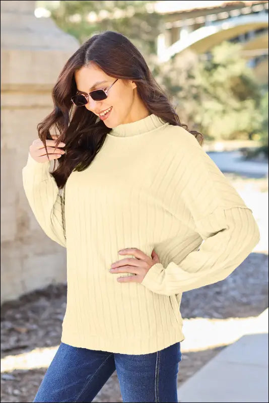 Basic Bae Full Size Ribbed Exposed Seam Mock Neck Knit Top