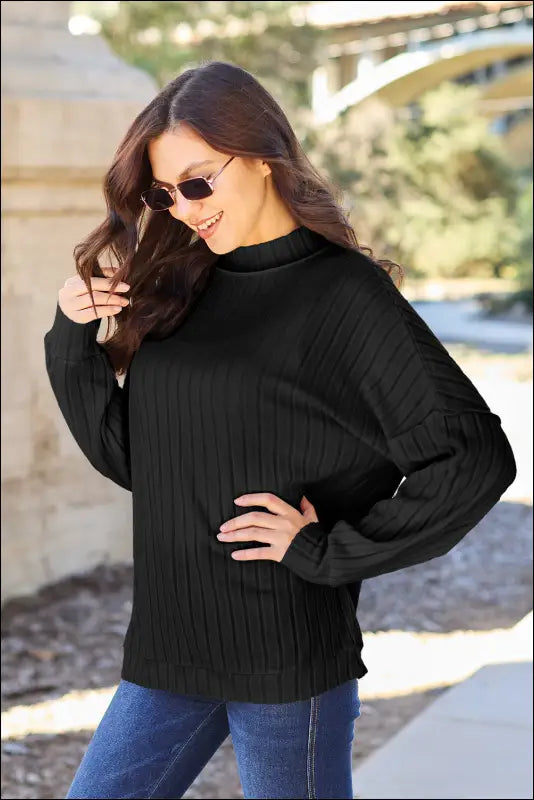 Basic Bae Full Size Ribbed Exposed Seam Mock Neck Knit Top - Black / S