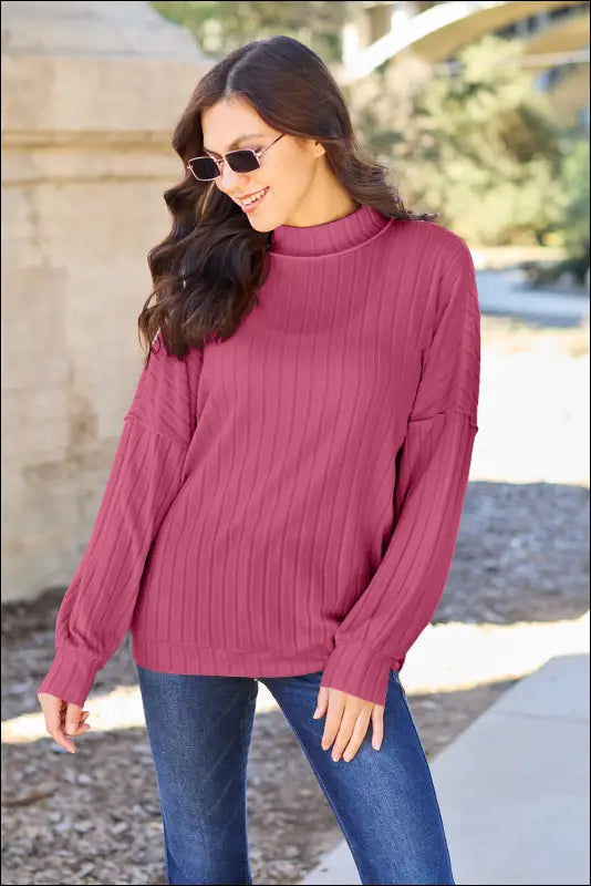 Basic Bae Full Size Ribbed Exposed Seam Mock Neck Knit Top - Hot Pink / S