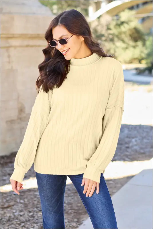 Basic Bae Full Size Ribbed Exposed Seam Mock Neck Knit Top - Light Yellow / S