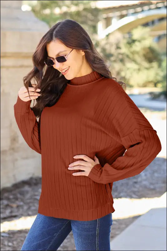 Basic Bae Full Size Ribbed Exposed Seam Mock Neck Knit Top - Rust / S