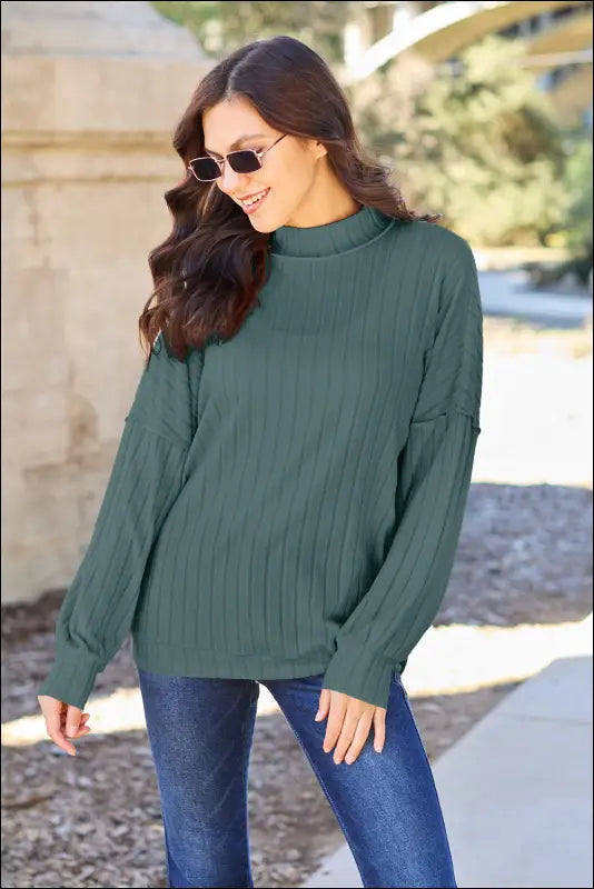 Basic Bae Full Size Ribbed Exposed Seam Mock Neck Knit Top - Turquoise / S