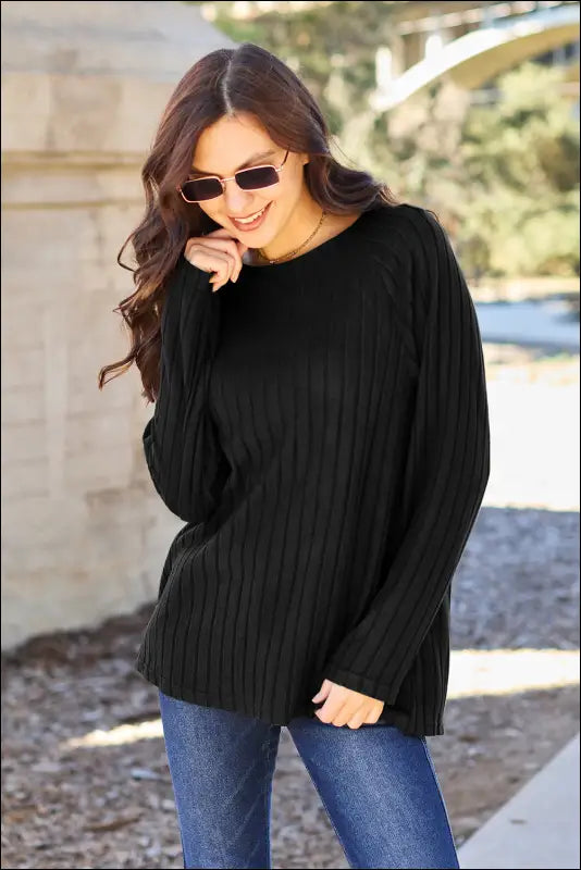Basic Bae Full Size Ribbed Round Neck Long Sleeve Knit Top - Black / S