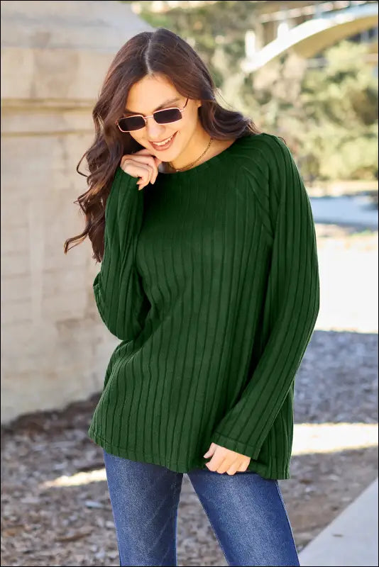 Basic Bae Full Size Ribbed Round Neck Long Sleeve Knit Top - Dark Green / S