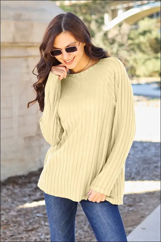 Basic Bae Full Size Ribbed Round Neck Long Sleeve Knit Top - Light Yellow / S