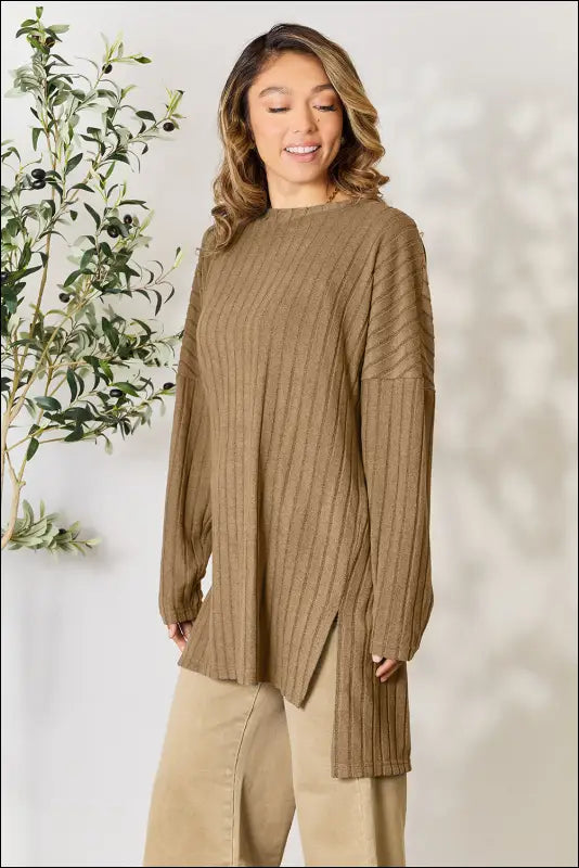 Basic Bae Full Size Ribbed Round Neck Long Sleeve Slit Top