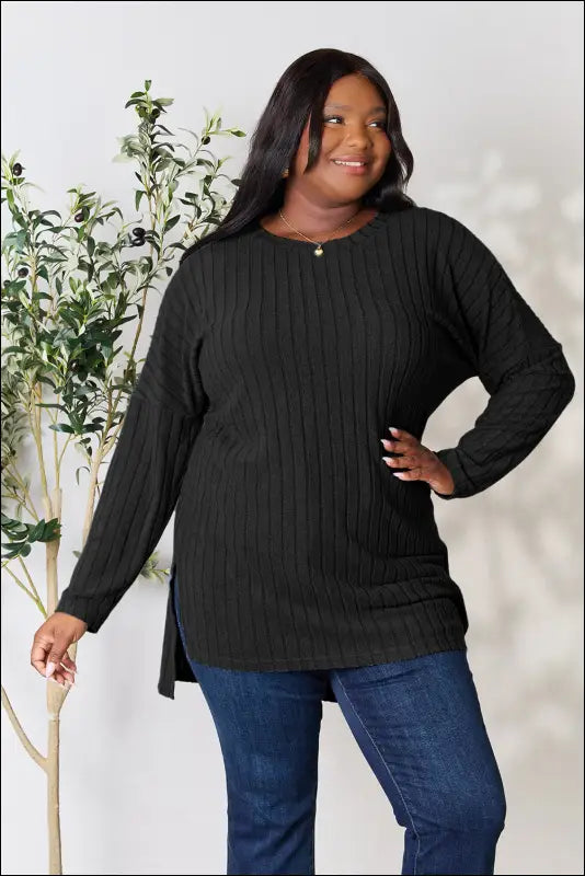 Basic Bae Full Size Ribbed Round Neck Long Sleeve Slit Top - Black / S