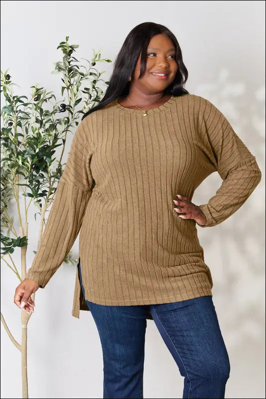 Basic Bae Full Size Ribbed Round Neck Long Sleeve Slit Top - Khaki / S