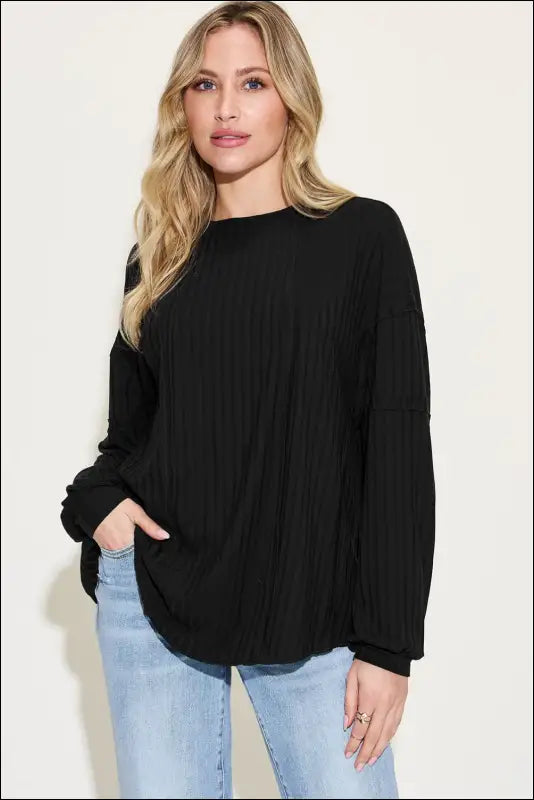 Basic Bae Full Size Ribbed Round Neck Long Sleeve T-Shirt - Black / S