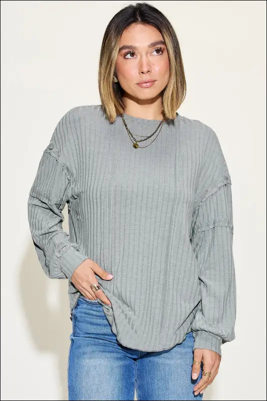 Basic Bae Full Size Ribbed Round Neck Long Sleeve T-Shirt - Gray / S