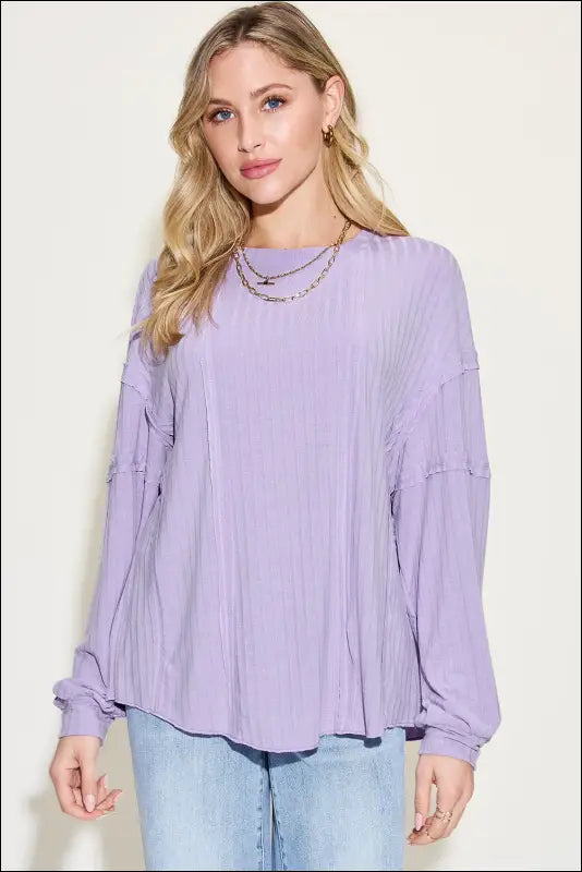Basic Bae Full Size Ribbed Round Neck Long Sleeve T-Shirt - Lavender / S