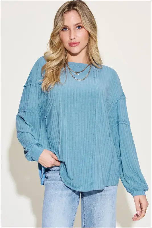 Basic Bae Full Size Ribbed Round Neck Long Sleeve T-Shirt - Teal / S