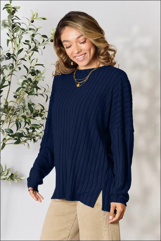Basic Bae Full Size Ribbed Round Neck Slit Knit Top