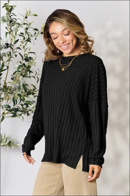Basic Bae Full Size Ribbed Round Neck Slit Knit Top