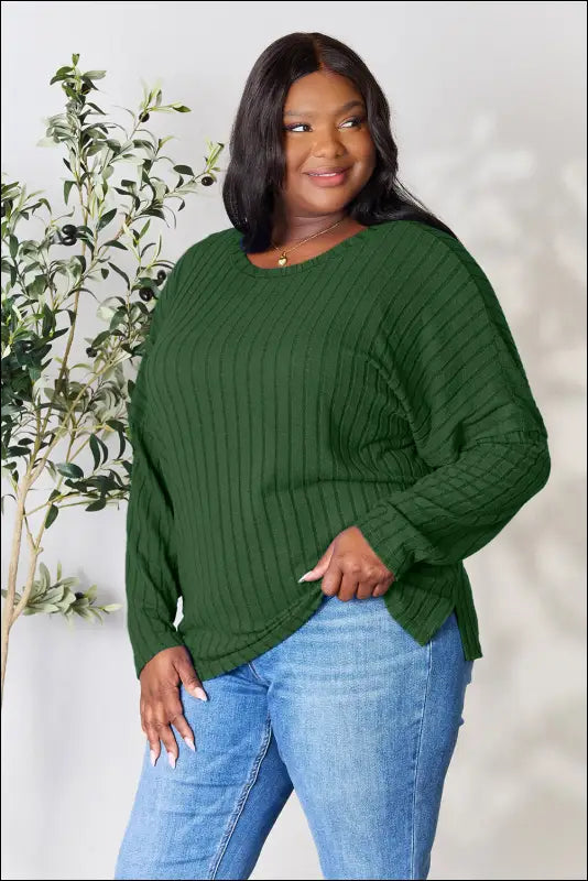 Basic Bae Full Size Ribbed Round Neck Slit Knit Top