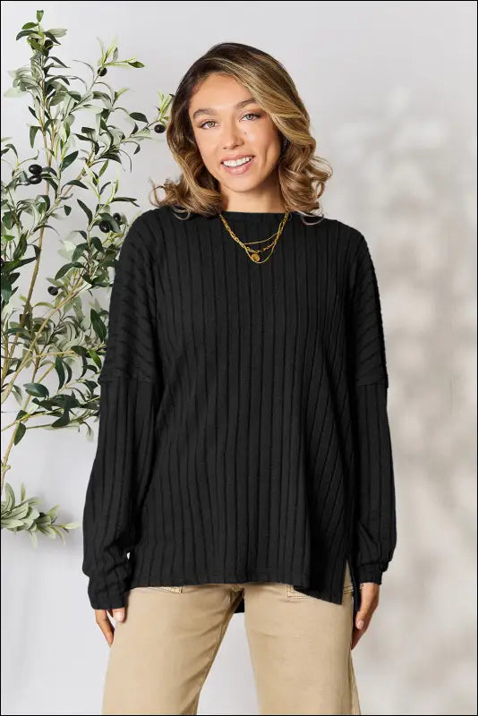 Basic Bae Full Size Ribbed Round Neck Slit Knit Top - Black / S