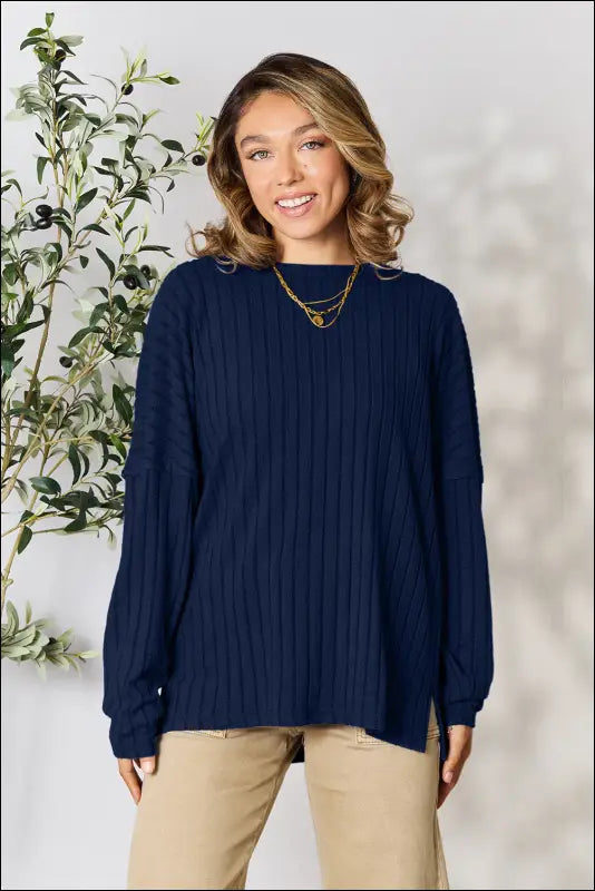 Basic Bae Full Size Ribbed Round Neck Slit Knit Top - Dark Blue / S