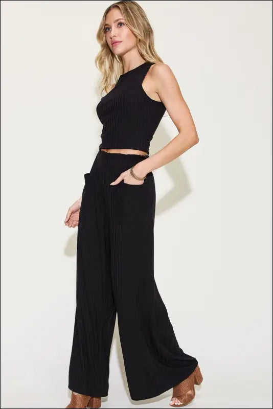Basic Bae Full Size Ribbed Tank and Wide Leg Pants Set