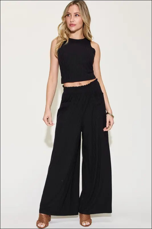 Basic Bae Full Size Ribbed Tank and Wide Leg Pants Set - Black / S