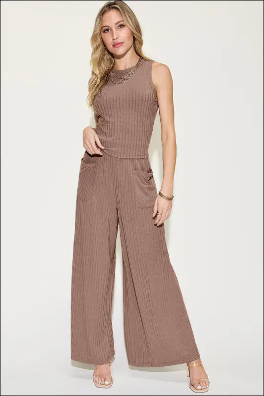 Basic Bae Full Size Ribbed Tank and Wide Leg Pants Set - Mocha / S