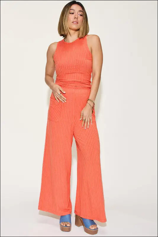 Basic Bae Full Size Ribbed Tank and Wide Leg Pants Set - Orange / S