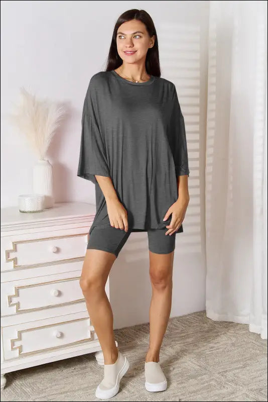Basic Bae Full Size Soft Rayon Three-Quarter Sleeve Top and Shorts Set - Dark Gray / S